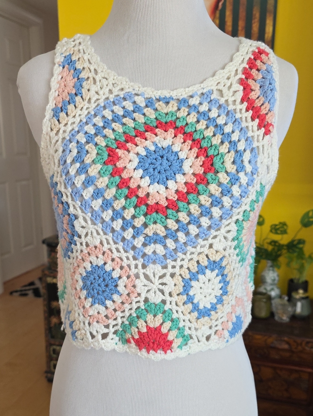 Altar'd State Cream Crochet Crop Top with Blue, Green & Red Accents
